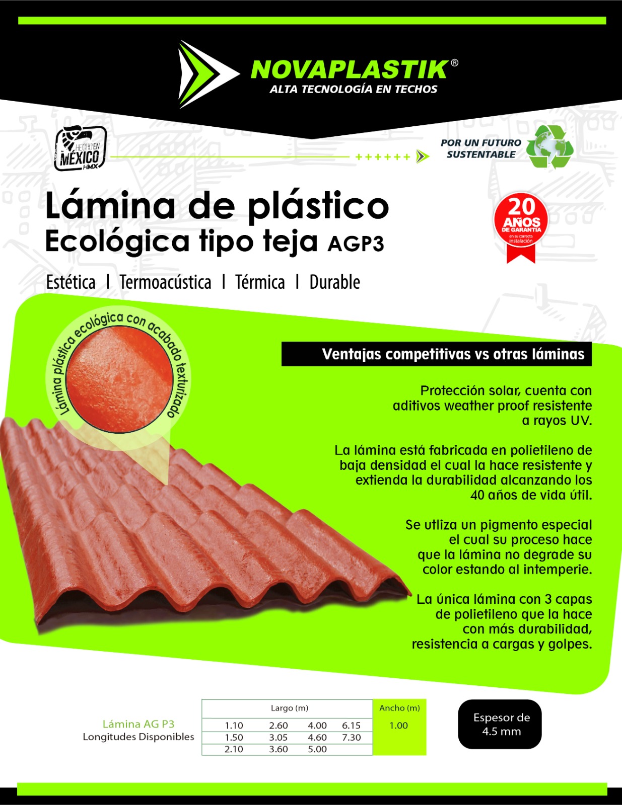 Lámina plástica ecológica tipo teja AGP3 de Novaplastik, resistente a rayos UV y con 40 años de vida útil.